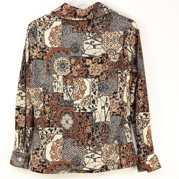 Vintage Alan Green Top Graphic Print Button Down Shirt 70s Brown Size 14 - Picture 2 of 4